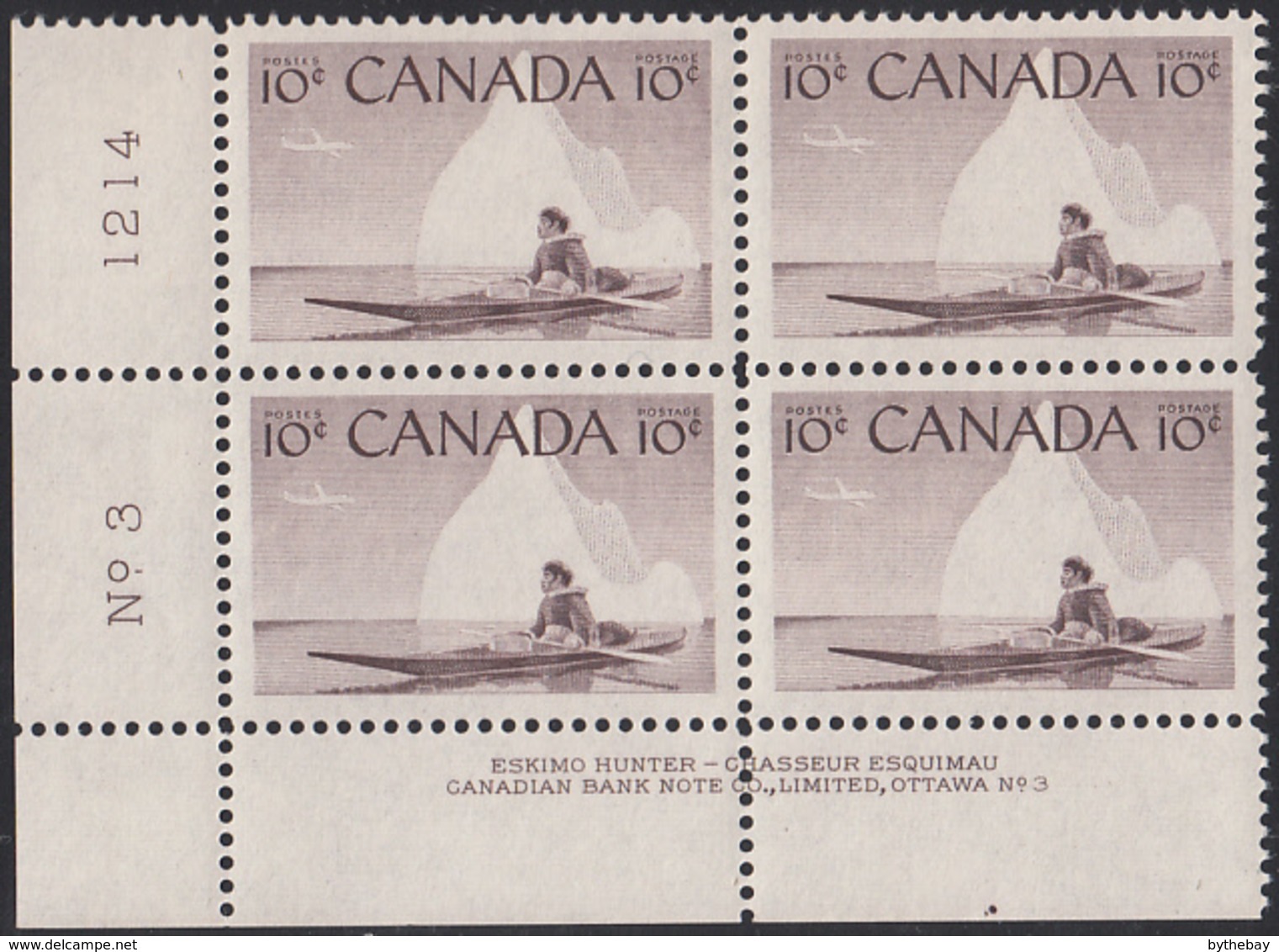 Canada 1955 MNH Sc #351 10c Inuk And Kayak Plate #3 LL - Numeri Di Tavola E Bordi Di Foglio