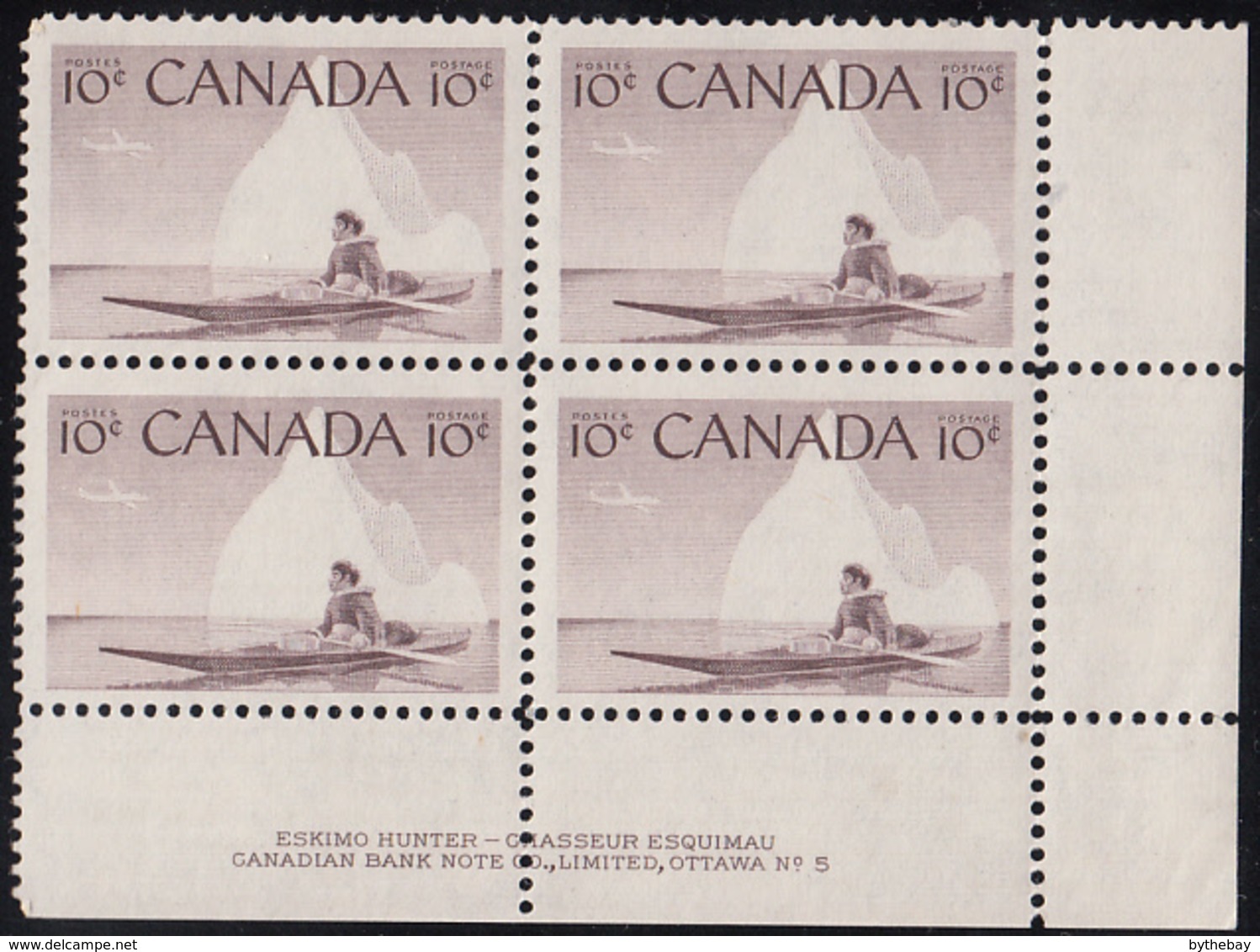 Canada 1955 MNH Sc #351 10c Inuk And Kayak Plate #5 LR - Plate Number & Inscriptions