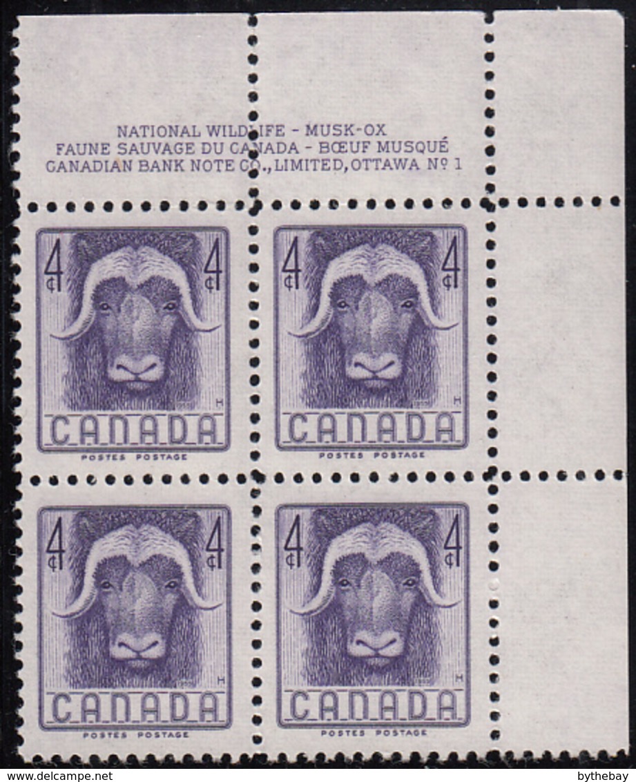 Canada 1955 MNH Sc #352 4c Musk Ox Plate #1 UR - Plate Number & Inscriptions