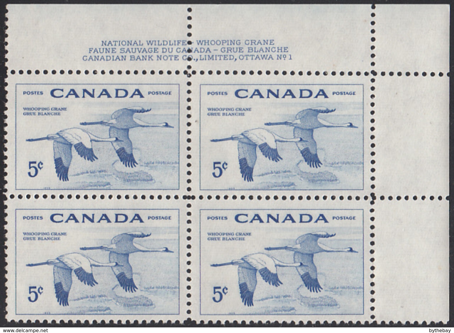 Canada 1955 MNH Sc #353 5c Whooping Cranes Plate #1 UR - Plate Number & Inscriptions