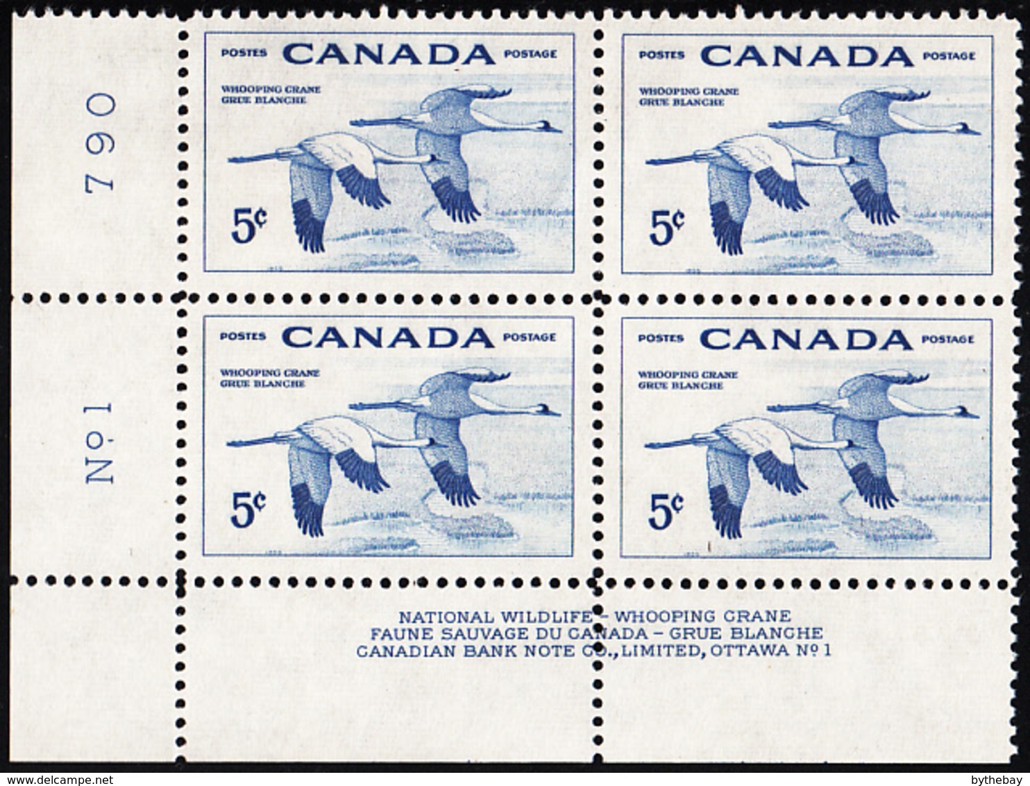 Canada 1955 MNH Sc #353 5c Whooping Cranes Plate #1 LL - Plate Number & Inscriptions