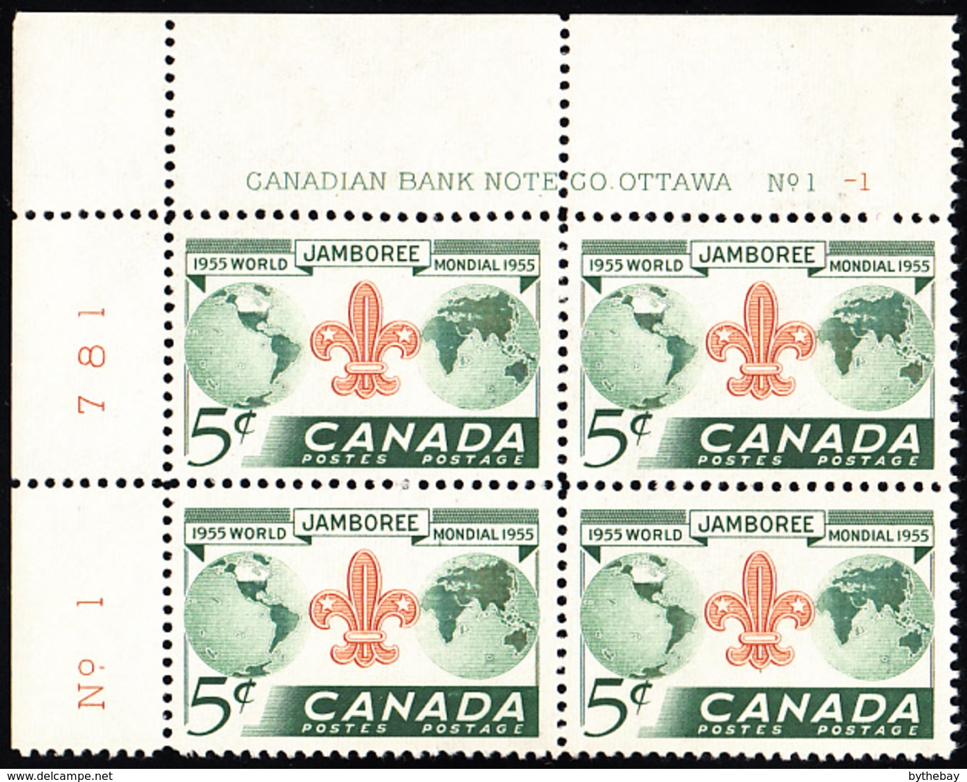 Canada 1955 MNH Sc #356 5c Boy Scouts World Jamboree Plate #1-1 UL - Plate Number & Inscriptions