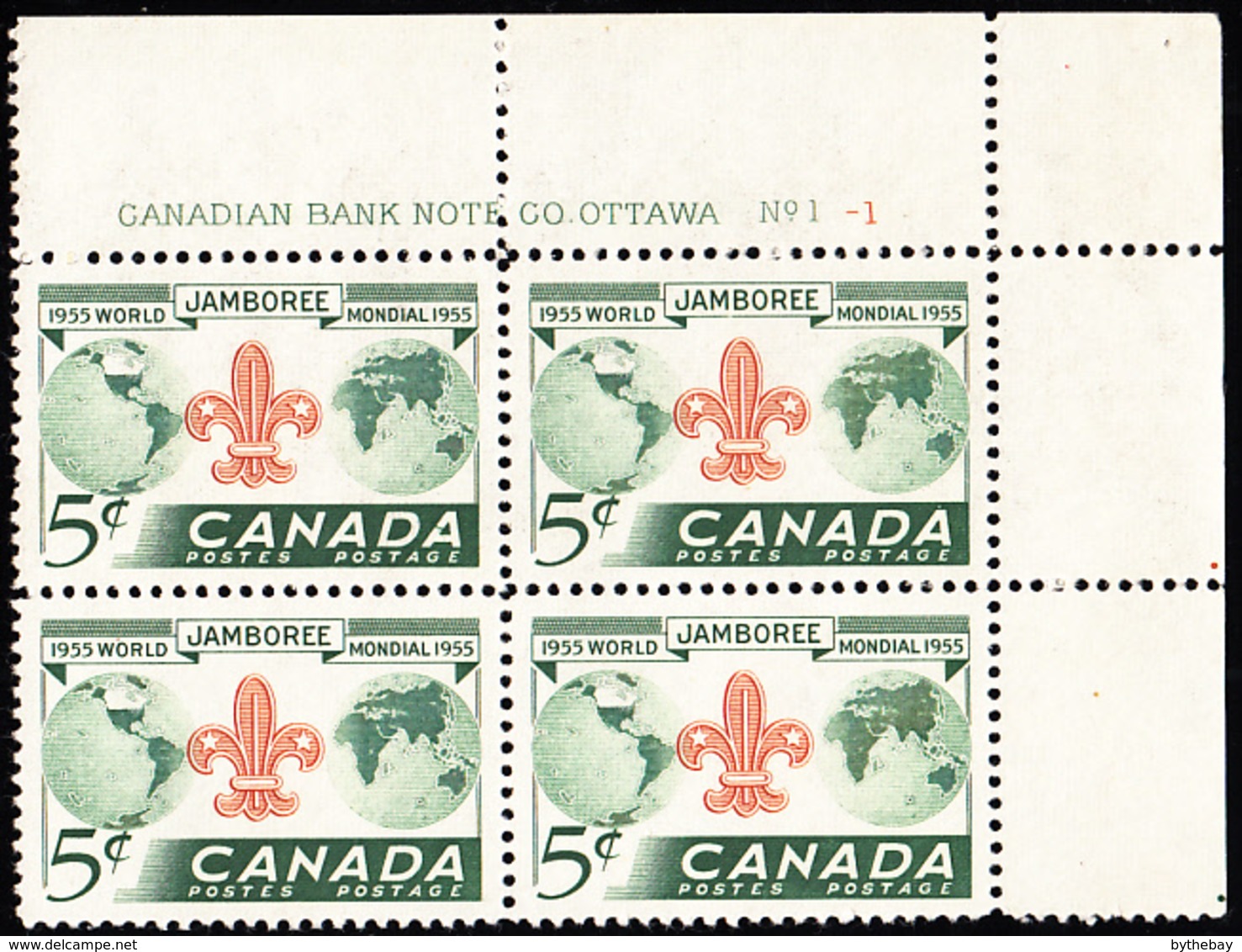 Canada 1955 MNH Sc #356 5c Boy Scouts World Jamboree Plate #1-1 UR - Plate Number & Inscriptions