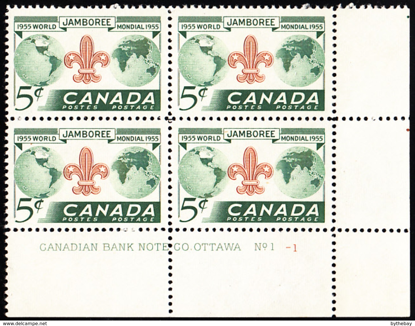 Canada 1955 MNH Sc #356 5c Boy Scouts World Jamboree Plate #1-1 LR - Plate Number & Inscriptions