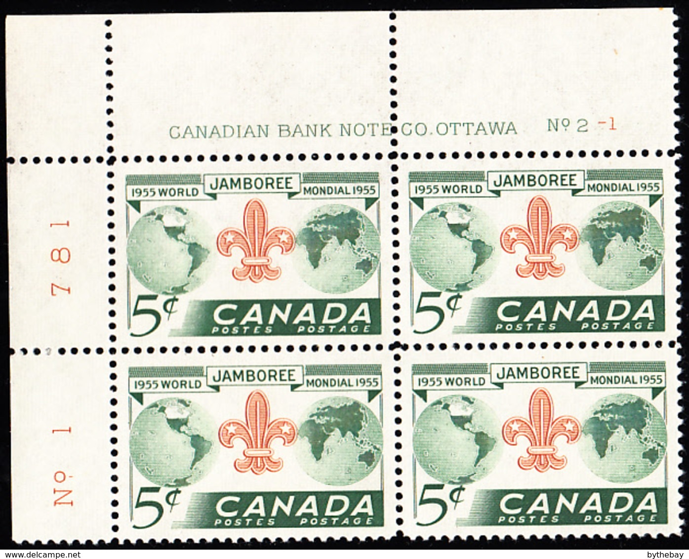 Canada 1955 MH Sc #356 5c Boy Scouts World Jamboree Plate #2-1 UL - Plate Number & Inscriptions