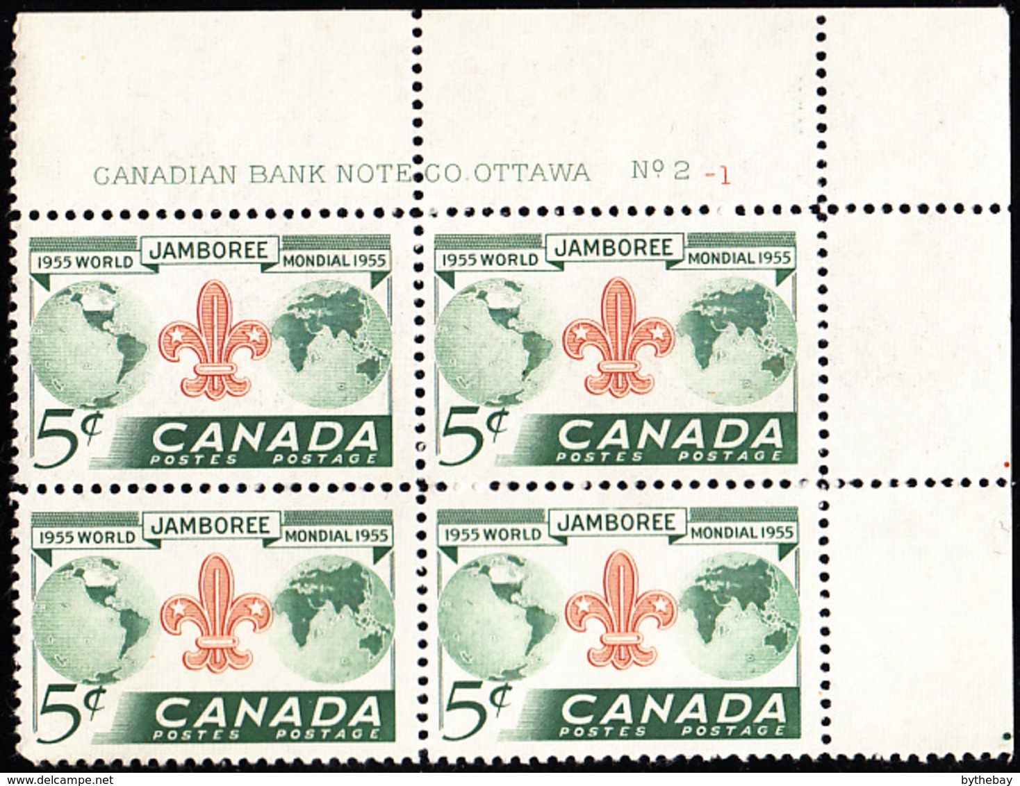 Canada 1955 MNH Sc #356 5c Boy Scouts World Jamboree Plate #2-1 UR - Plate Number & Inscriptions