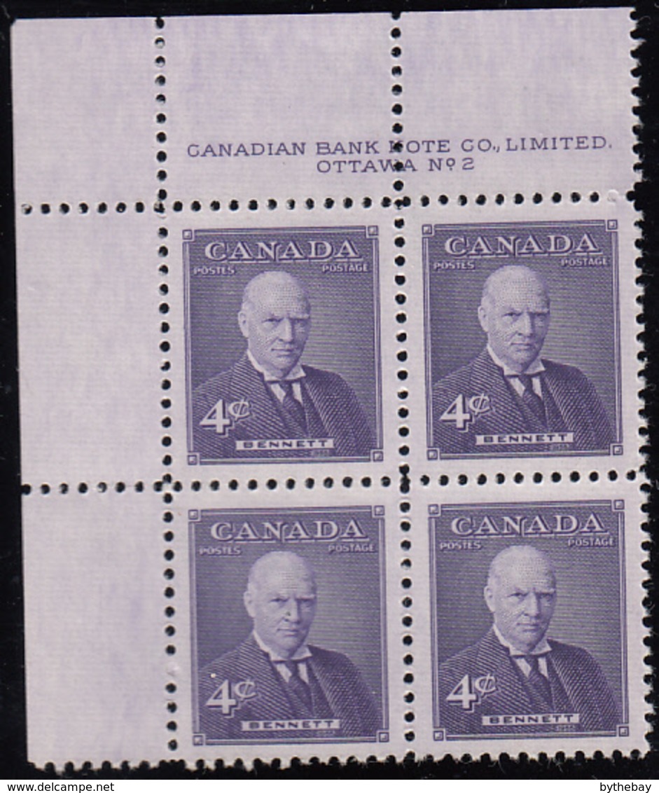 Canada 1955 MNH Sc #357 4c Richard Bennett Plate #2 UL - Plate Number & Inscriptions