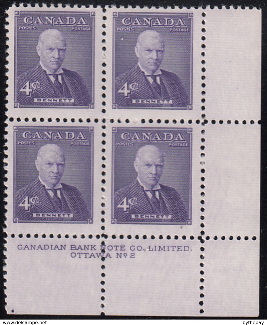 Canada 1955 MH Sc #357 4c Richard Bennett Plate #2 LR - Plate Number & Inscriptions