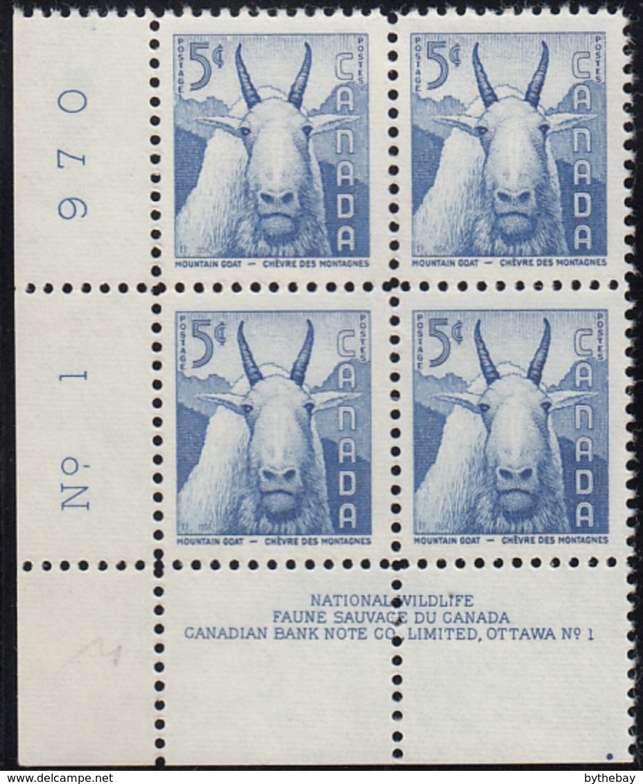 Canada 1956 MNH Sc #361 5c Mountain Goat Plate #1 LL - Plate Number & Inscriptions