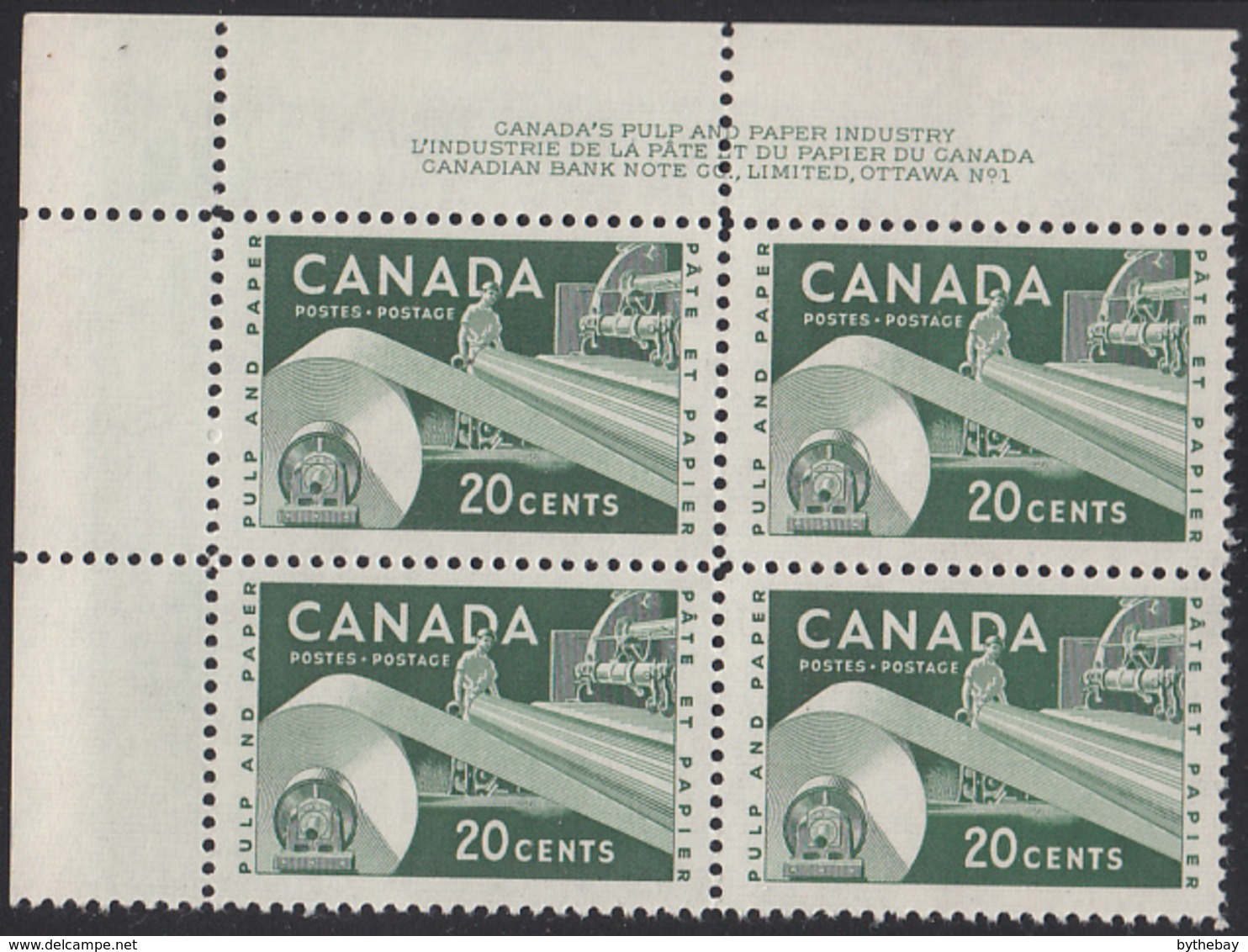 Canada 1956 MNH Sc #362 20c Paper Industry Plate #1 UL - Plate Number & Inscriptions