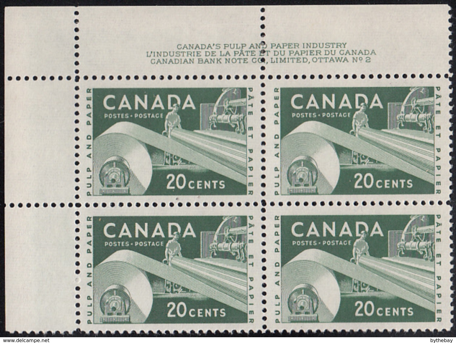 Canada 1956 MH Sc #362 20c Paper Industry Plate #2 UL - Plate Number & Inscriptions