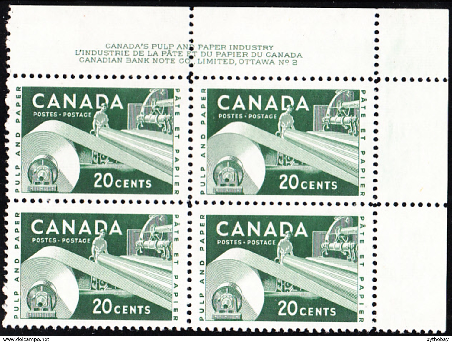 Canada 1956 MNH Sc #362 20c Paper Industry Plate #2 UR - Plate Number & Inscriptions