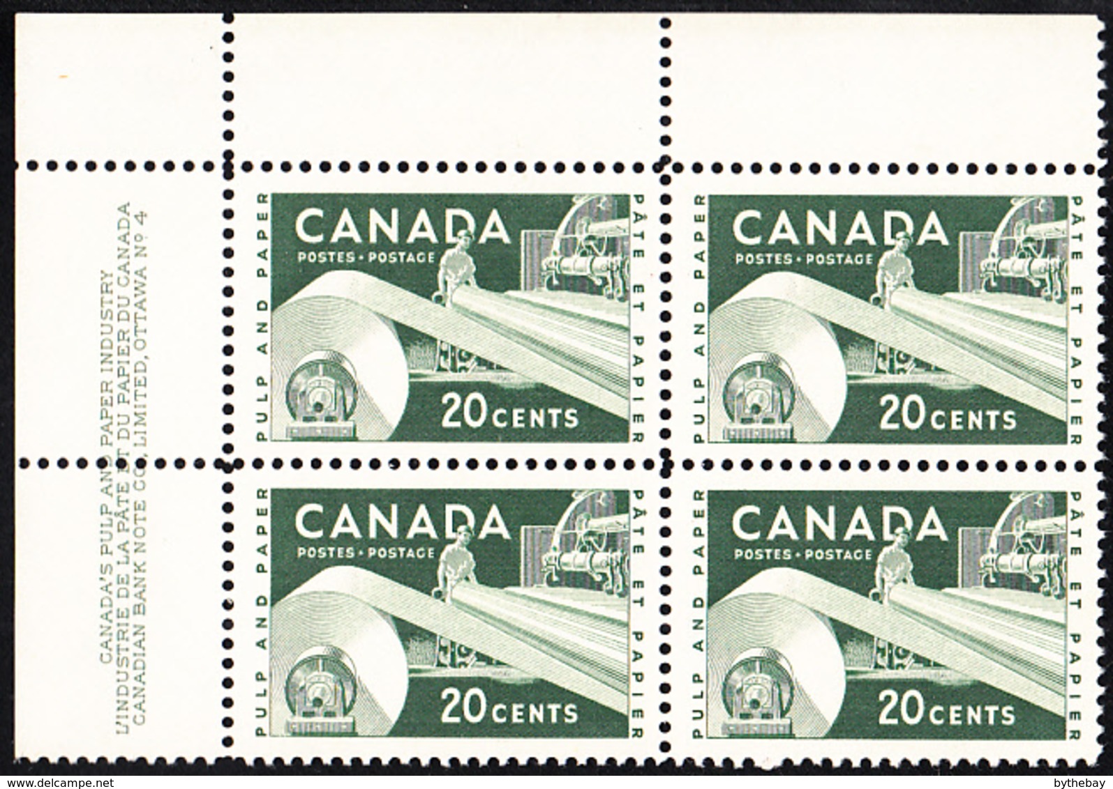 Canada 1956 MNH Sc #362 20c Paper Industry Plate #4 UL - Plate Number & Inscriptions