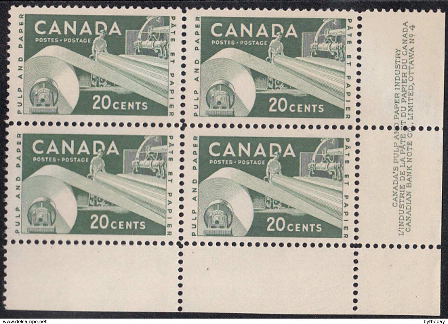 Canada 1956 MNH Sc #362 20c Paper Industry Plate #4 LR - Plate Number & Inscriptions