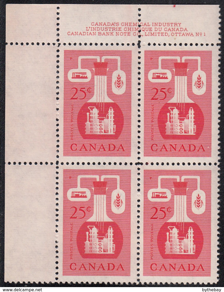 Canada 1956 MNH Sc #363 25c Chemical Industry Plate #1 UL - Plate Number & Inscriptions