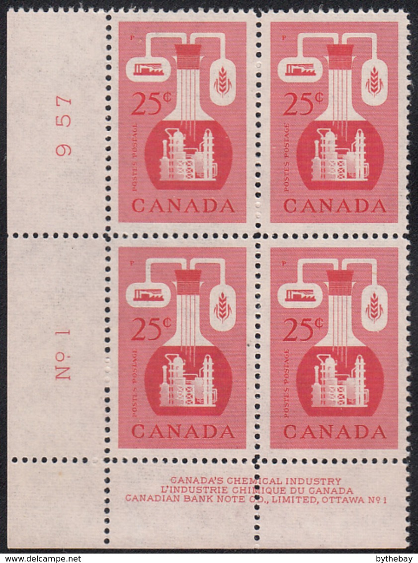 Canada 1956 MNH Sc #363 25c Chemical Industry Plate #1 LL - Plate Number & Inscriptions