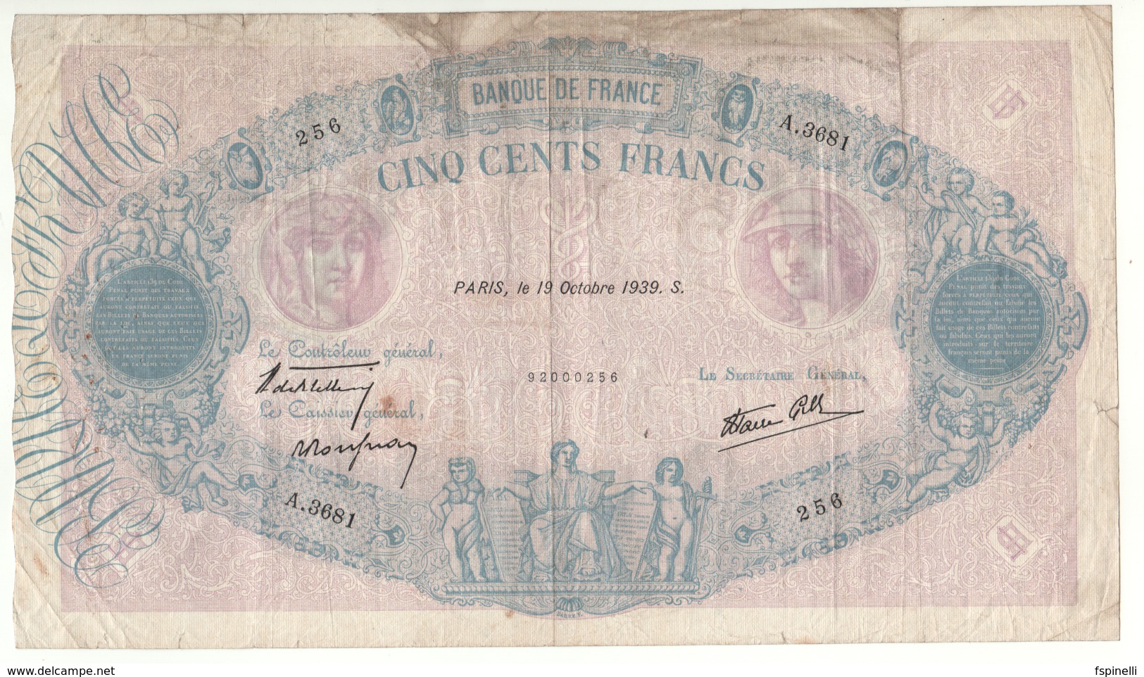 FRANCE   500  Francs   P88c     # Woman - Mercury #    Dated 19 Octobre 1939 - 500 F 1888-1940 ''Bleu Et Rose''