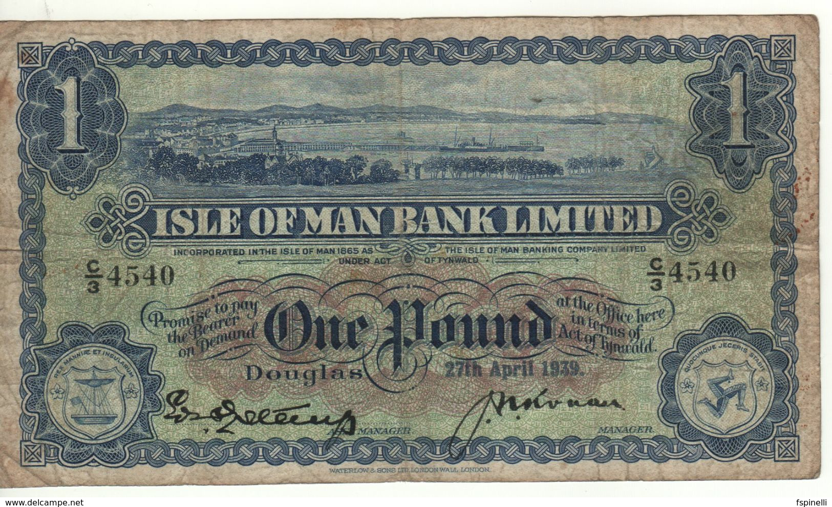 ISLE Of MAN   1 Pound  P6b  (Isle Of Man Bank Ltd)  Dated 27th April 1939 - 1 Pound