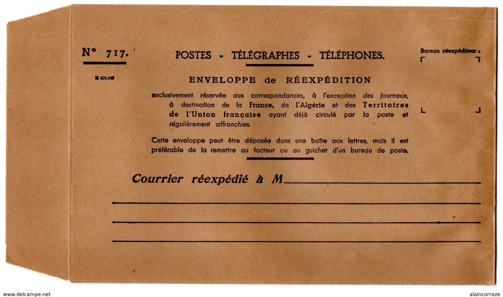 Document PTT POSTES TELEGRAPHES TELEPHONES Ancienne Enveloppe De Réexpédition N° 717 - Documents Of Postal Services