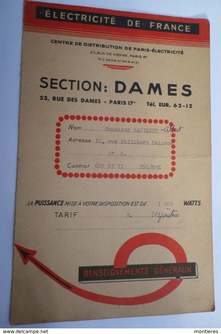 Electricité De France Section DAMES 53 Rue Des Dame Paris 75017 Contrat 60757II Mise En Service 09/01/1962 - Elettricità & Gas