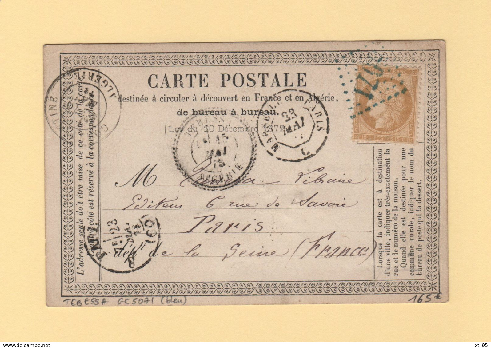 Algerie - Tebessa - GC 5071 (en Bleu) - 15 Mai 1873 - Carte Precurseur - Rare - 1849-1876: Classic Period