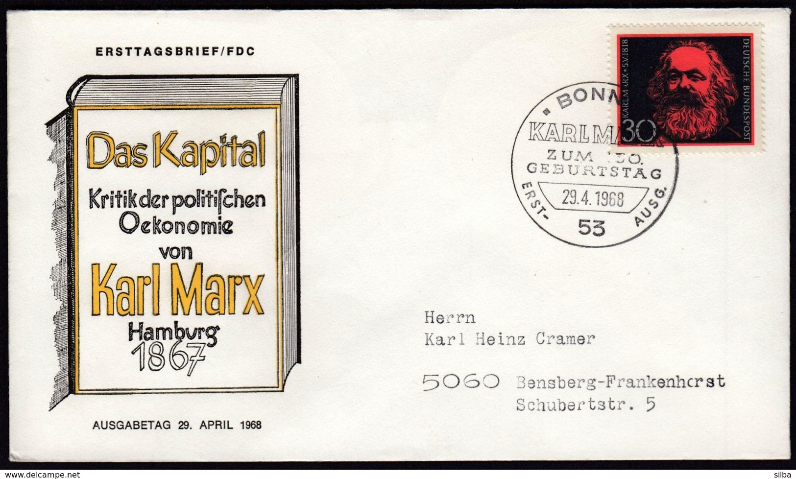 Germany Bonn 1968 / 150th Anniversary Of The Birth Of Karl Marx / Das Kapital / FDC - Karl Marx