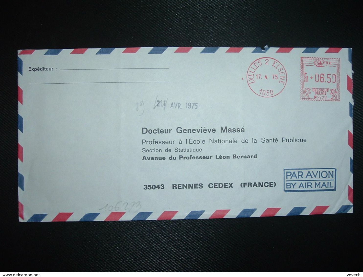 LETTRE Par AVION Pour La FRANCE EMA F 2722 à FR 06.50 Du 17 4 75 IXELLES 2 ELSENE - 1960-1979