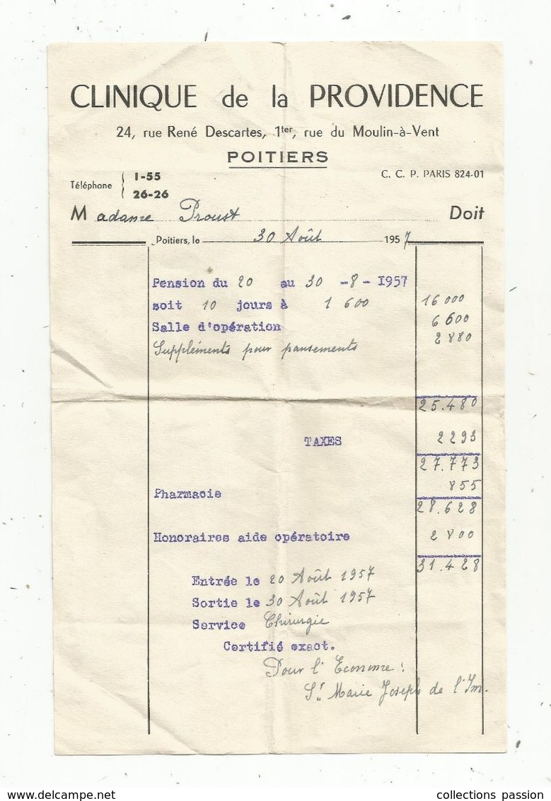 Facture, Clinique De La PROVIDENCE , POITIERS ,  Vienne, Frais Fr 1.45 E - 1950 - ...