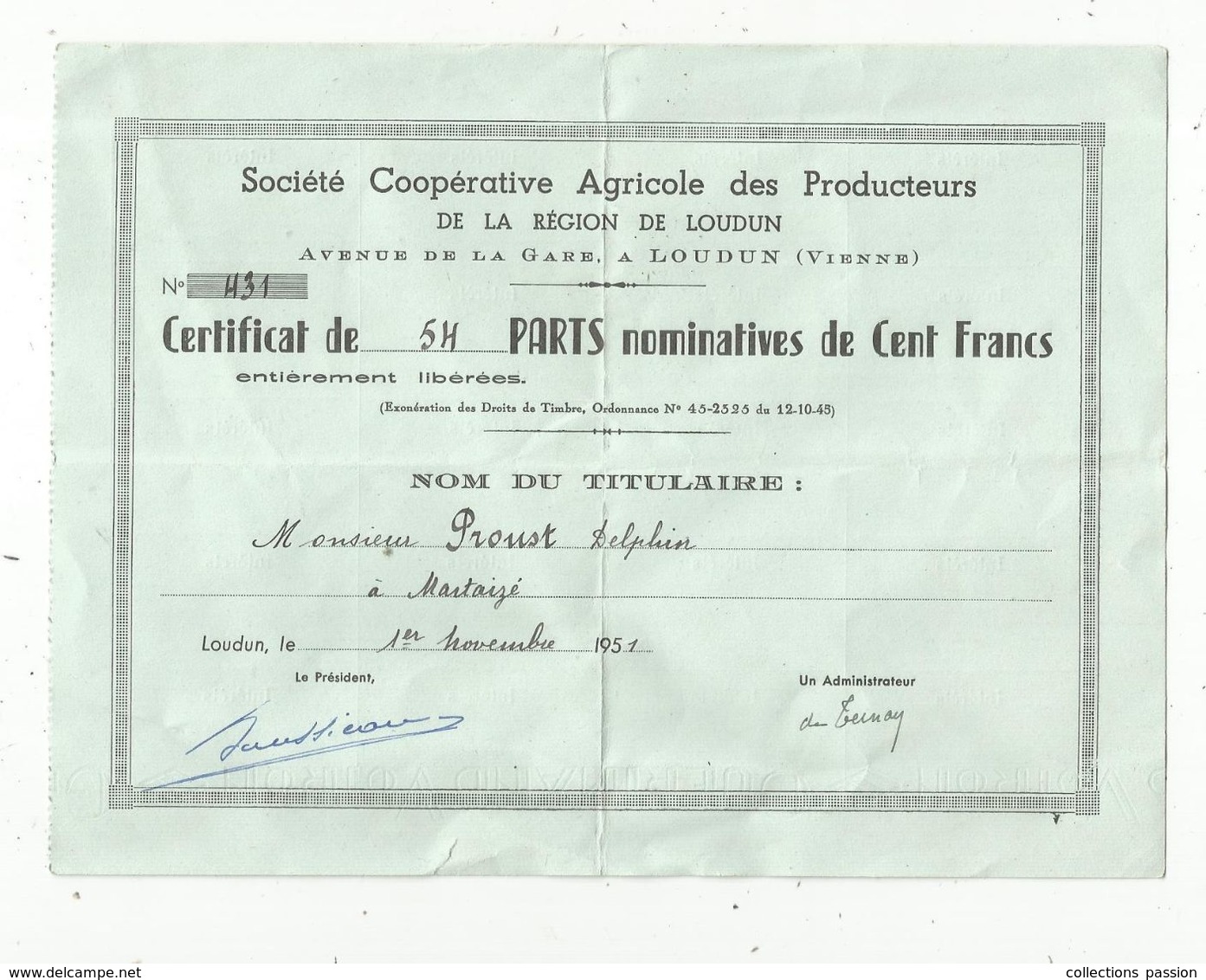 Certificat De 54 Parts De 100 Francs , 1951,sté Coop. Agricole De LOUDUN , 2 Scans , Frais Fr 1.55 E - Agricoltura
