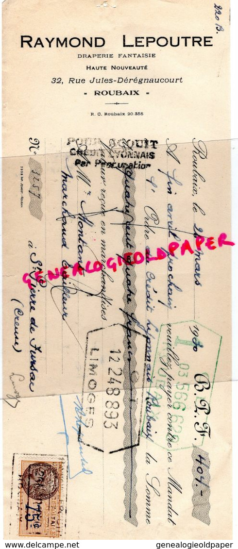 59- ROUBAIX- RARE TRAITE RAYMOND LEPOUTRE -DRAPERIE CONFECTIONS-32 RUE JULES DEREGNAUCOURT- 1930 - Kleding & Textiel