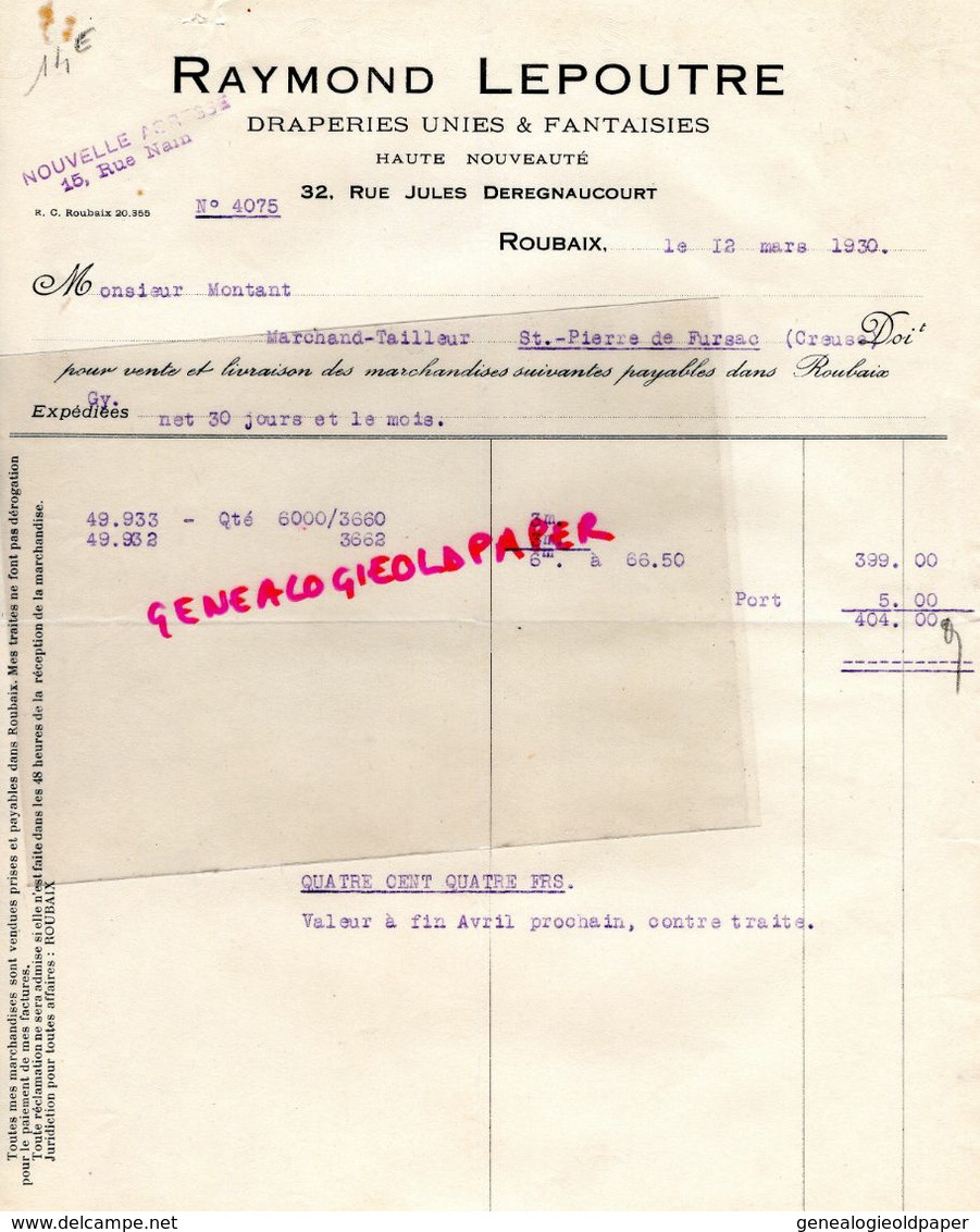 59- ROUBAIX- RARE FACTURE RAYMOND LEPOUTRE -DRAPERIE CONFECTIONS-32 RUE JULES DEREGNAUCOURT- 1930 - Kleding & Textiel