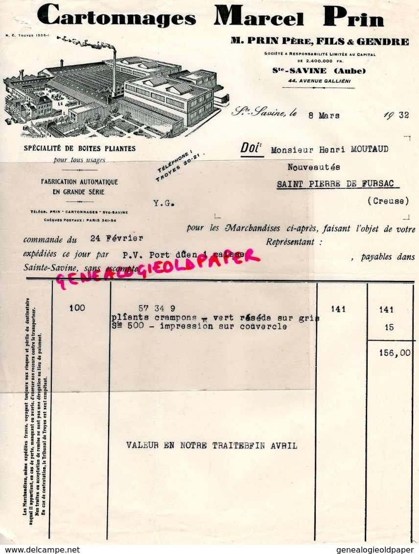 10-STE  SAINTE SAVINE- LETTREE MARCEL PRIN PERE  -MANUFACTURE CARTONNAGES- BOITES PLIANTES-CARTONNERIE IMPRIMERIE- - Imprimerie & Papeterie