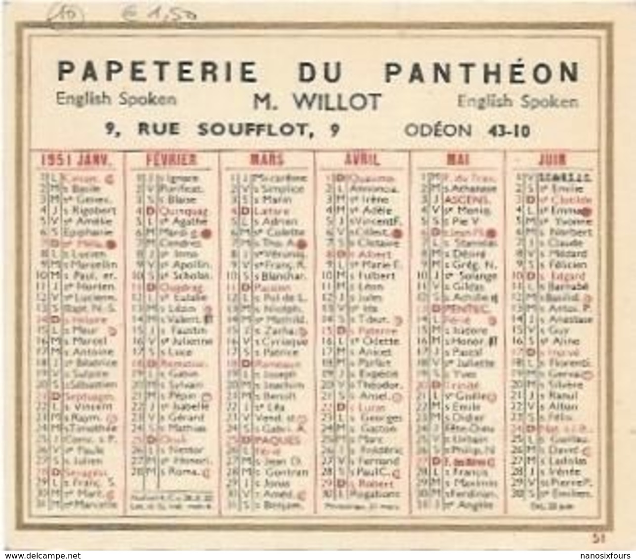 LOT DE  7 PETITS  CALENDRIERS AN 1934 / 38/ 51/ 53/ 61/ 64/ 65/