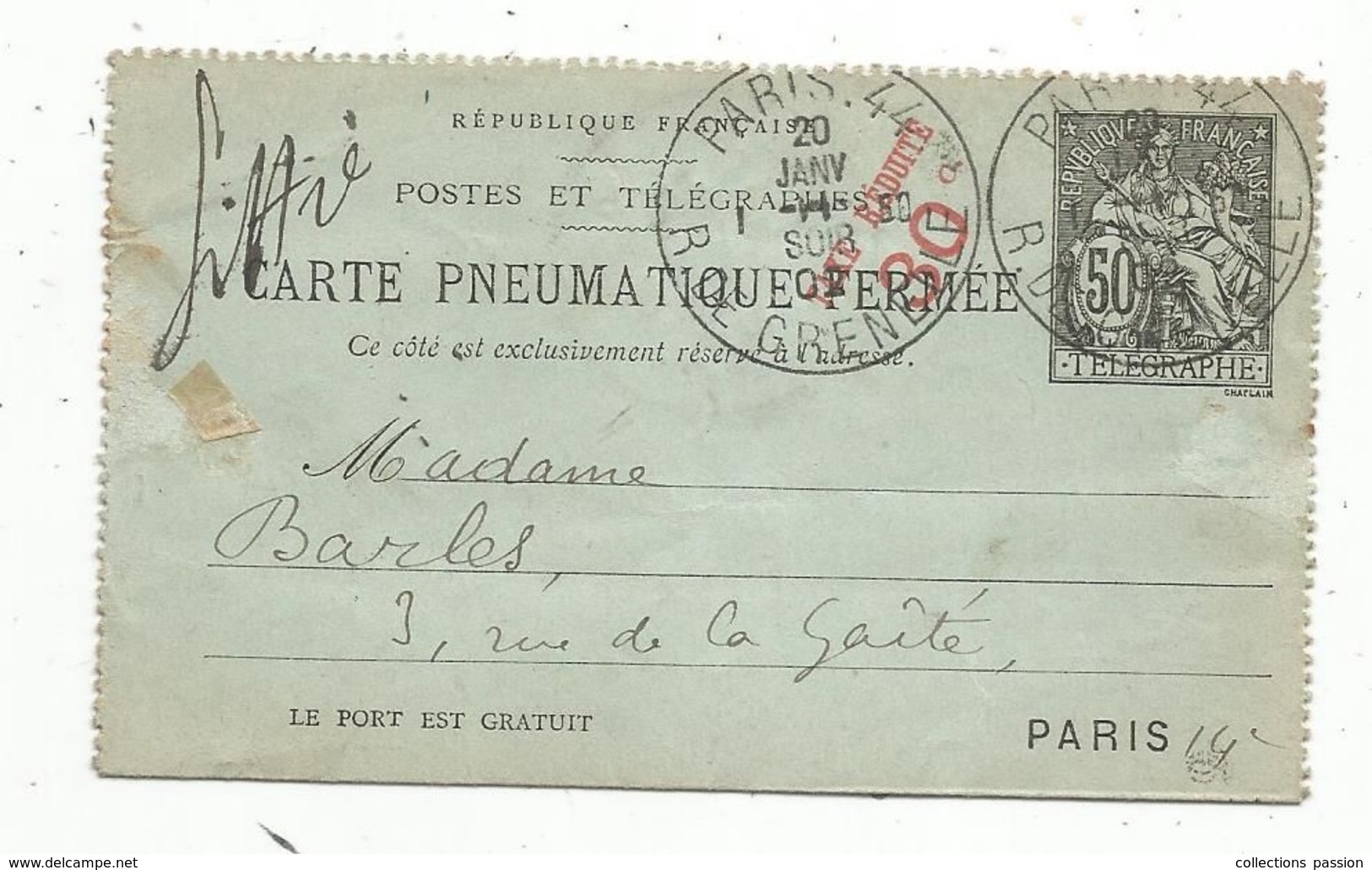 Carte Pneumatique Fermée ,50 ,TELEGRAPHE , PARIS . 44 ,R. DE GRENELLE , Taxe Réduite 30 C , 1902 - Pneumatic Post