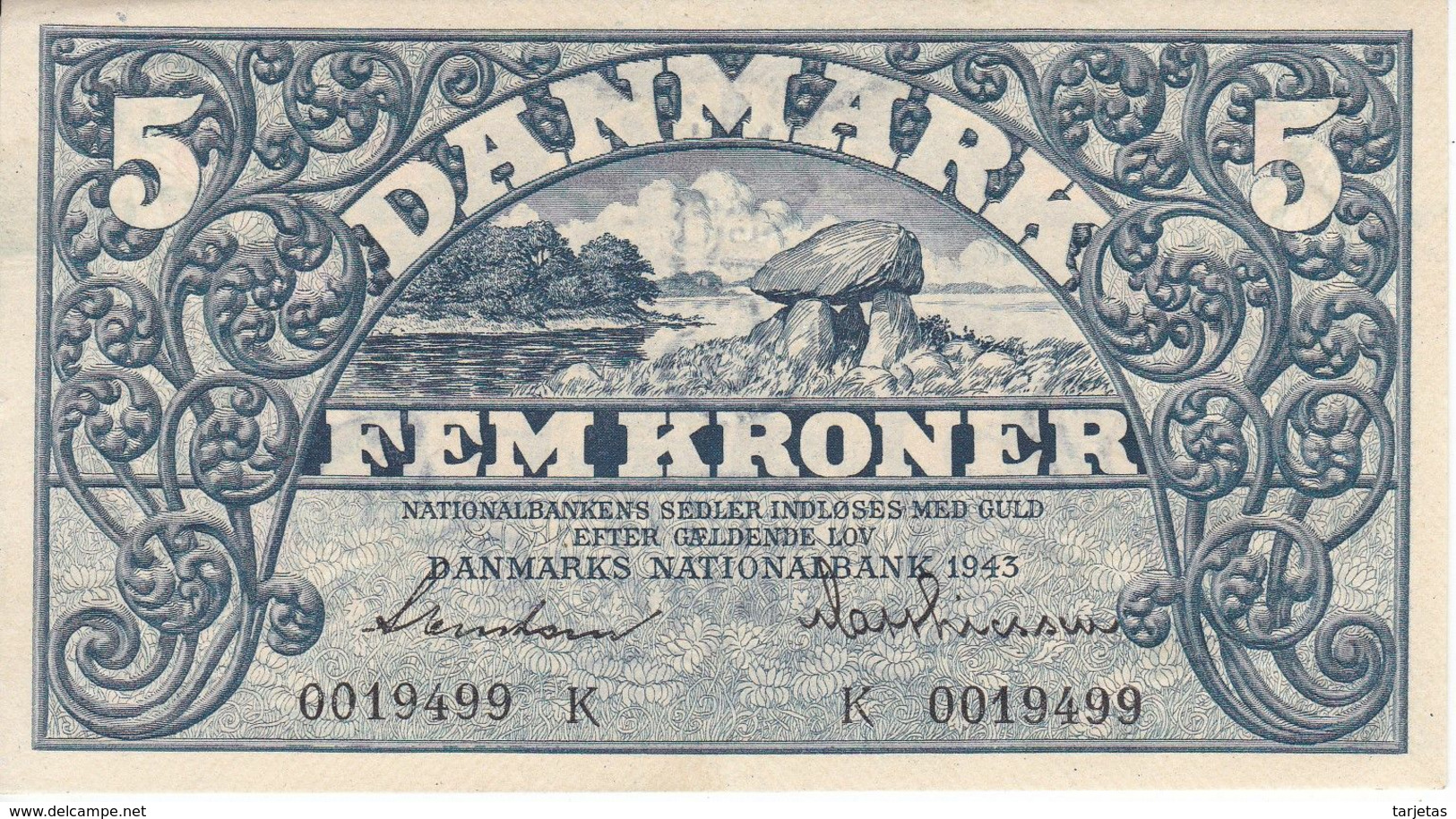 BILLETE DE DINAMARCA DE 5 KRONER DEL AÑO 1943 SIN CIRCULAR - UNCIRCULATED  (BANK NOTE) - Danemark