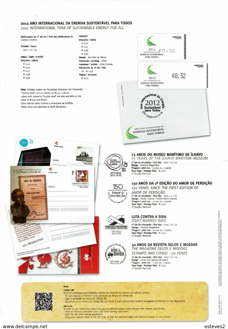 Portugal 2012 , Brochure  Pagela , Fado ,My Stamp Album , Portuguese Palaces , Sustainable Energy - Autres & Non Classés