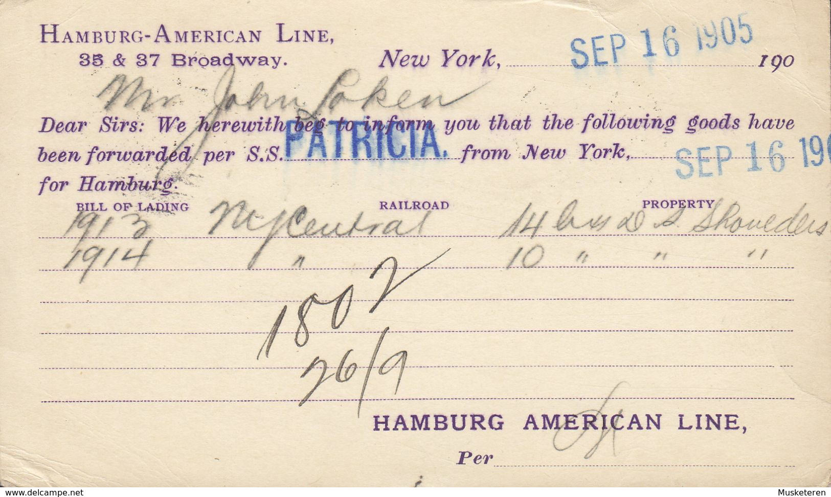 USA Postal Stationery Ganzsache PRIVATE Print HAMBURG-AMERICAN Line S.S. Patricia 1905 KRISTIANIA (Arr.) Norway - Lettres & Documents