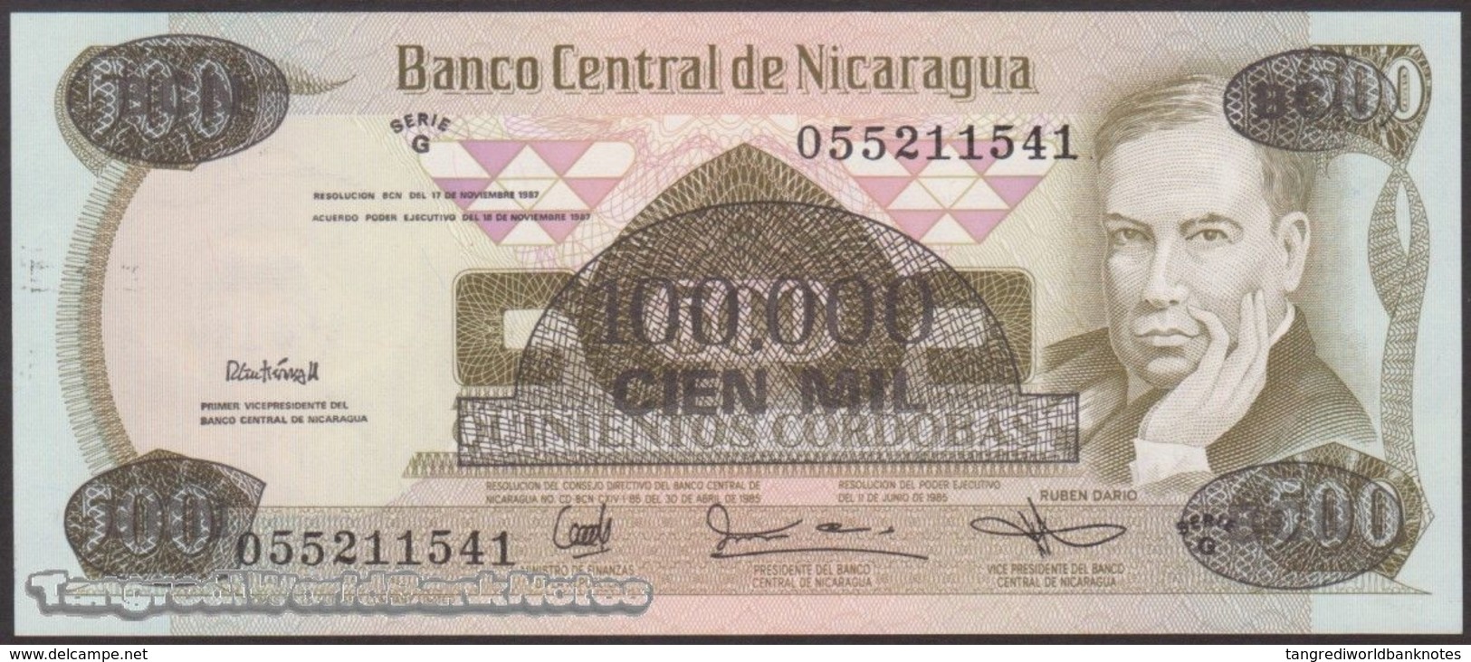 TWN - NICARAGUA 149 - 100.000/500 Cordobas 1987 Provisional Overprint Issue - Serie G UNC - Nicaragua