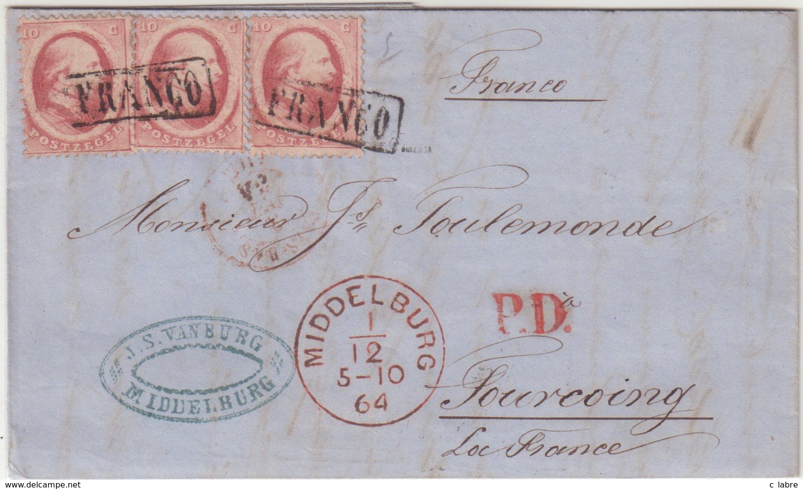 PAYS - BAS : N° 5 . 3 EX . TARIF A 30 Cts . CAD ROUGE . " MIDDELBURG " . TB . 1864 . - Briefe U. Dokumente