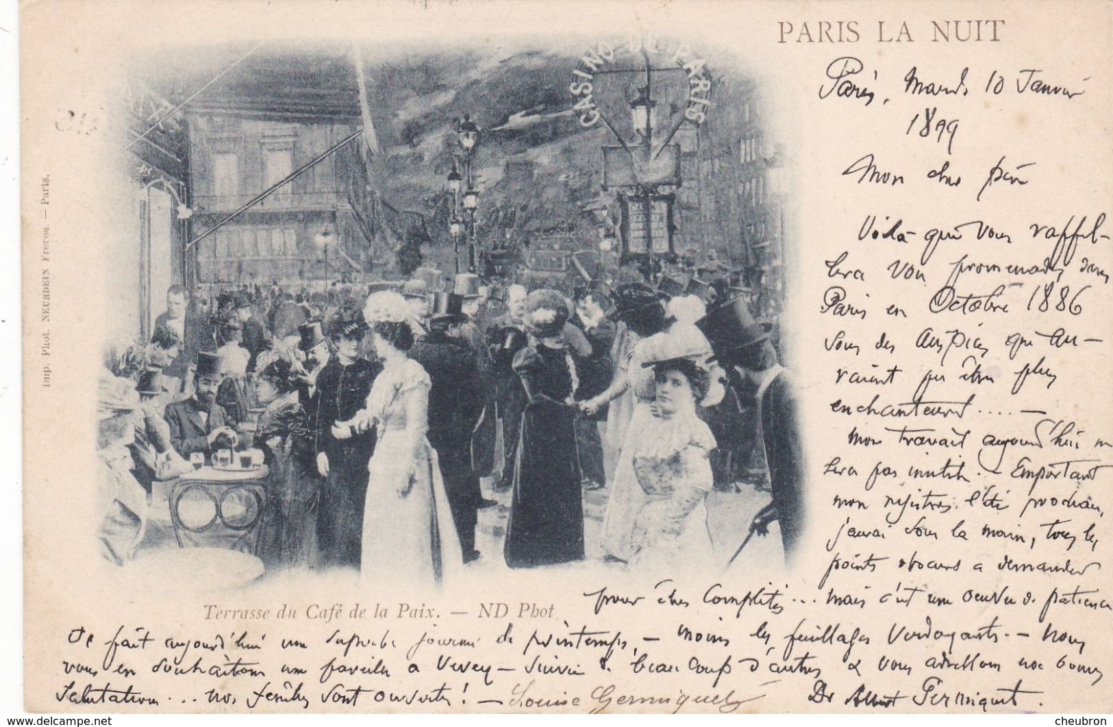 75. PARIS. SERIE PARIS LA NUIT. RARETE.  " TERRASSE DU CAFE DE LA PAIX ". 10 JANVIER 1899 + TEXTE - Parijs Bij Nacht