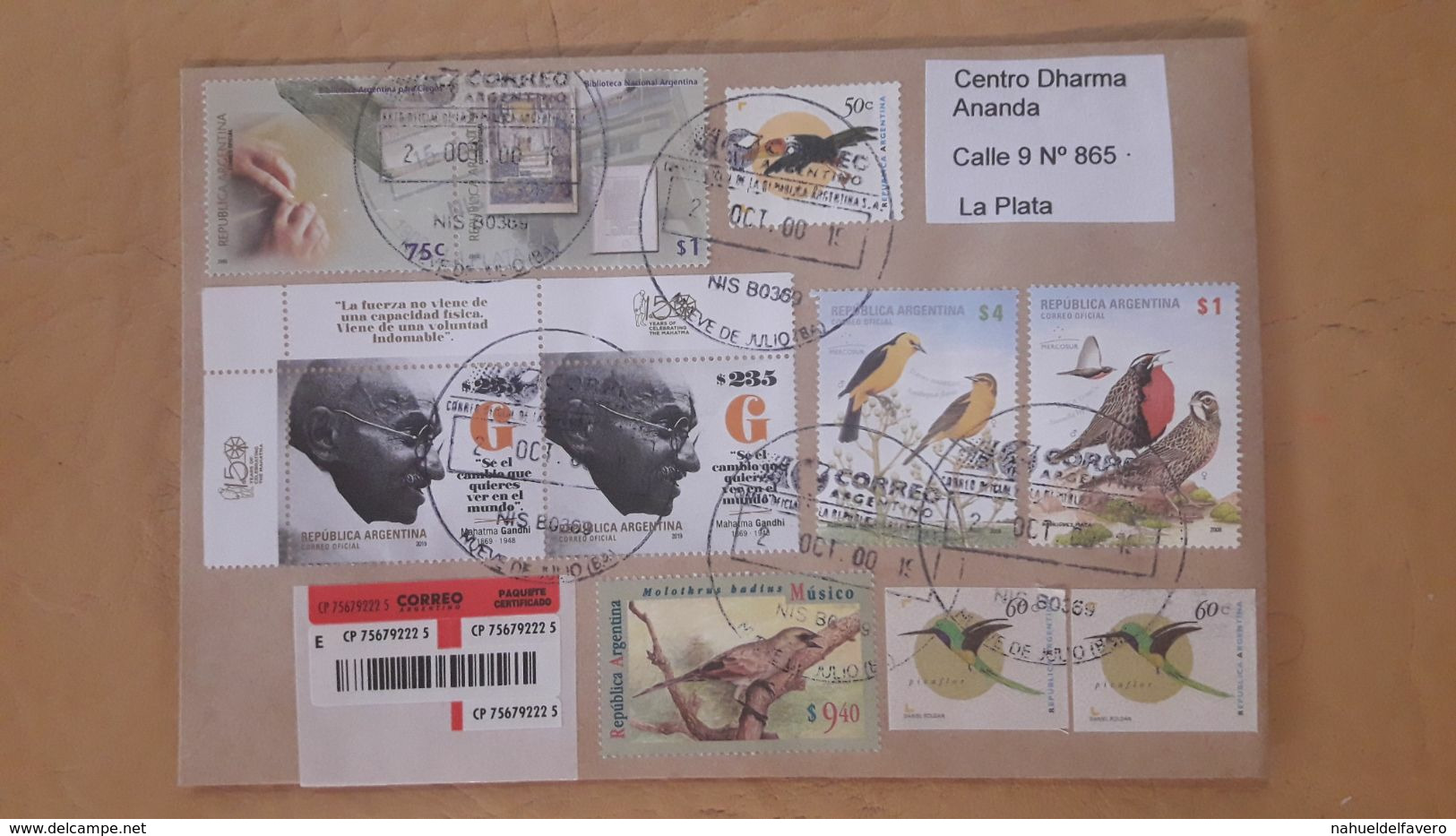 Gandhi, Argentine Enveloppe A Circulé Avec Un Timbre 150 Ans Après La Naissance De Gandhi Et D'autres - Briefe U. Dokumente