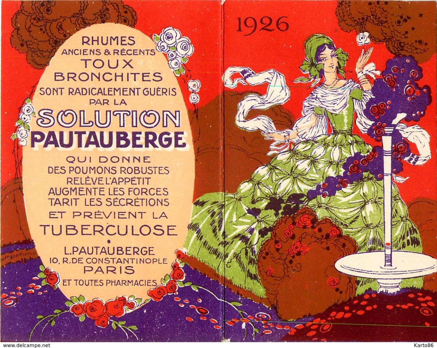 Carte Parfumée Calendrier 1926 * Solution PAUTAUBERGE * Art Nouveau Jugensdtil * Parfum * Calendar - Petit Format : 1921-40