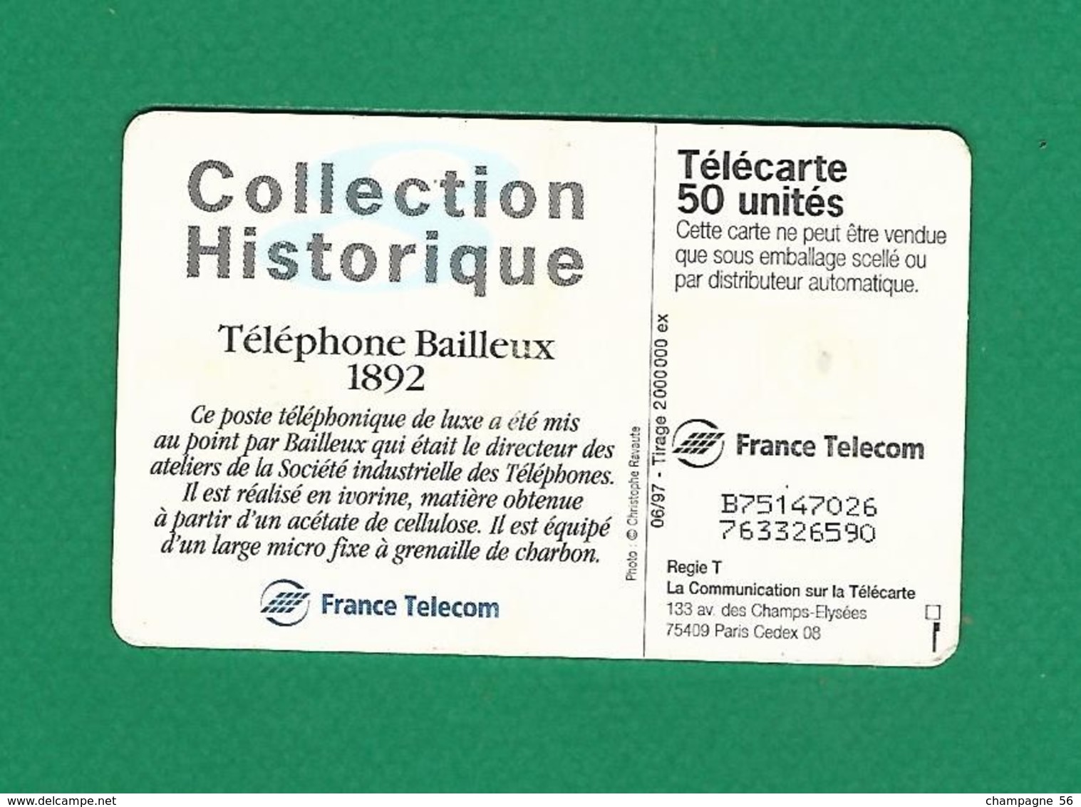 VARIÉTÉS FRANCE TÉLÉCARTE 1997 / 06 GEM1A 50 UNITES TELEPHONE BAILLEUX 1892 UTILISÉE - Variétés