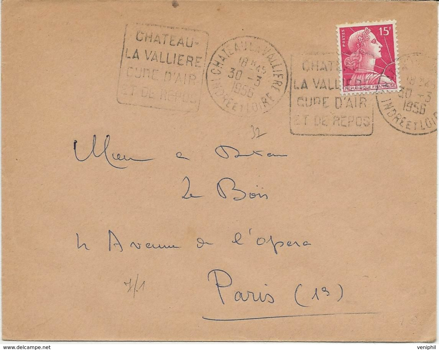 LETTRE OBLITERATION DAGUIN - INDRE ET LOIRE -" CHATEAU LA VALLIERE -CURE D'AIR ET DE REPOS -ANNEE 1956 - Mechanical Postmarks (Other)