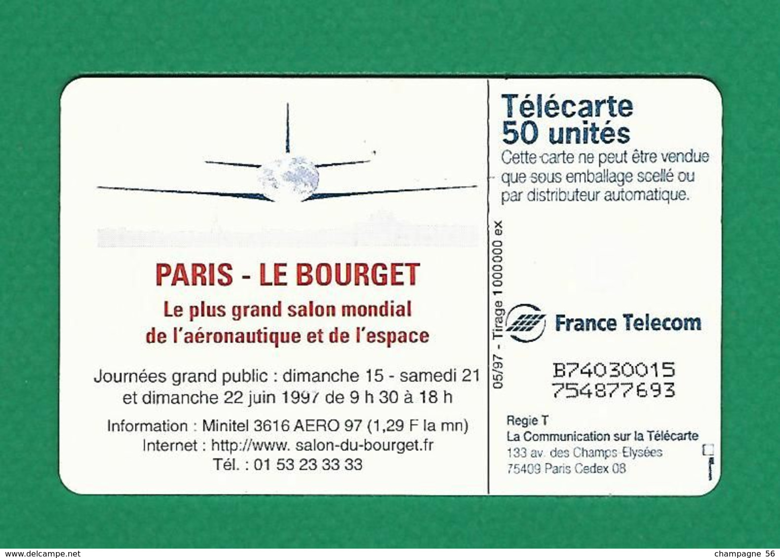 VARIÉTÉS FRANCE TÉLÉCARTE 1997 / 05  GEM1A   SALON DU  BOURGET    50 UNITES   UTILISÉE - Fehldrucke