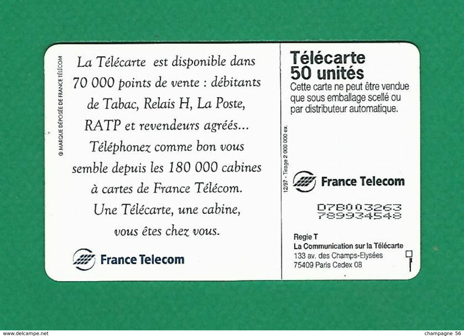 VARIÉTÉS FRANCE TÉLÉCARTE 1997 / 12 OB2  UNE TÉLÉCARTE UNE CABINE 50 UNITES   UTILISÉE - Fehldrucke