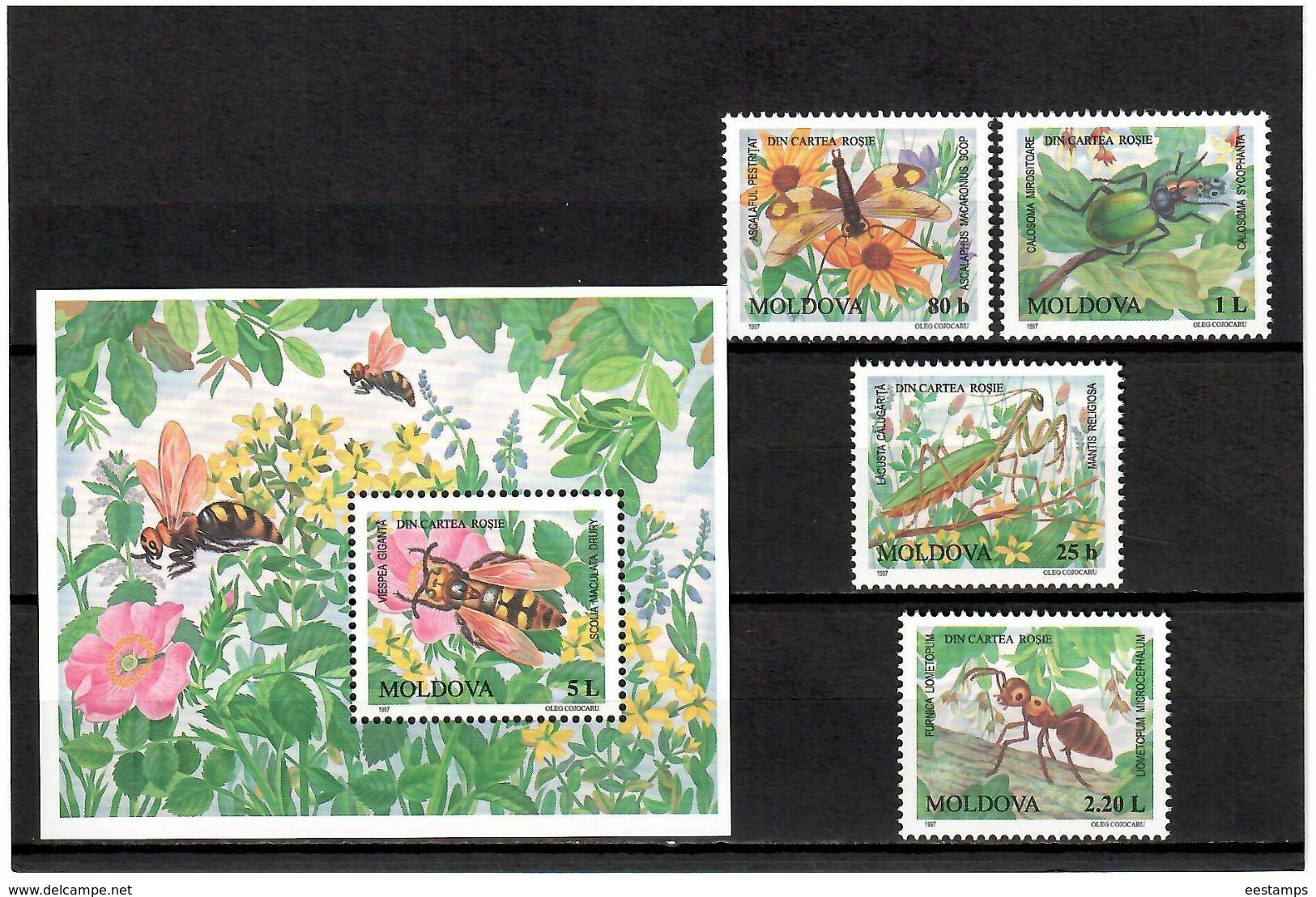 Moldova 1997 .Red Book (Insects). 4v+S/S: 25b,80b,1L,2.2L,+5L.   Michel #  239-42 + BL13 - Moldavie