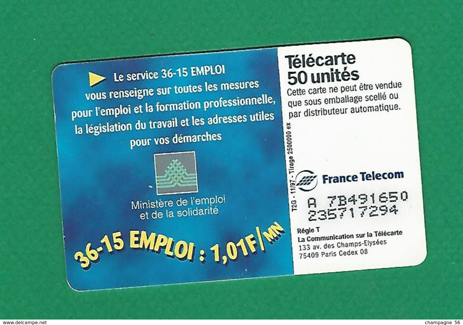 VARIÉTÉS FRANCE TÉLÉCARTE 1997 / 11 SO3 LE 36 15 EMPLOI  50 UNITES   UTILISÉE - Variedades