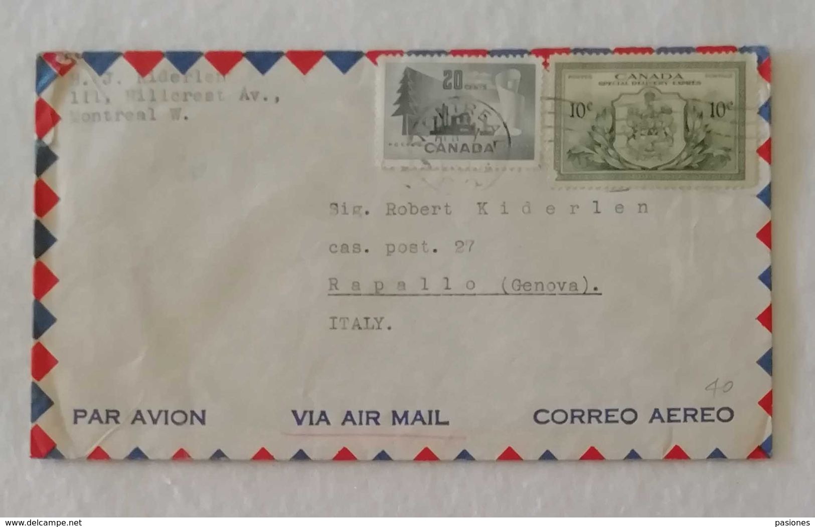 Busta Di Lettera Per Via Aerea Da Montreal Per Rapallo (Ita) 1952 - Exprès