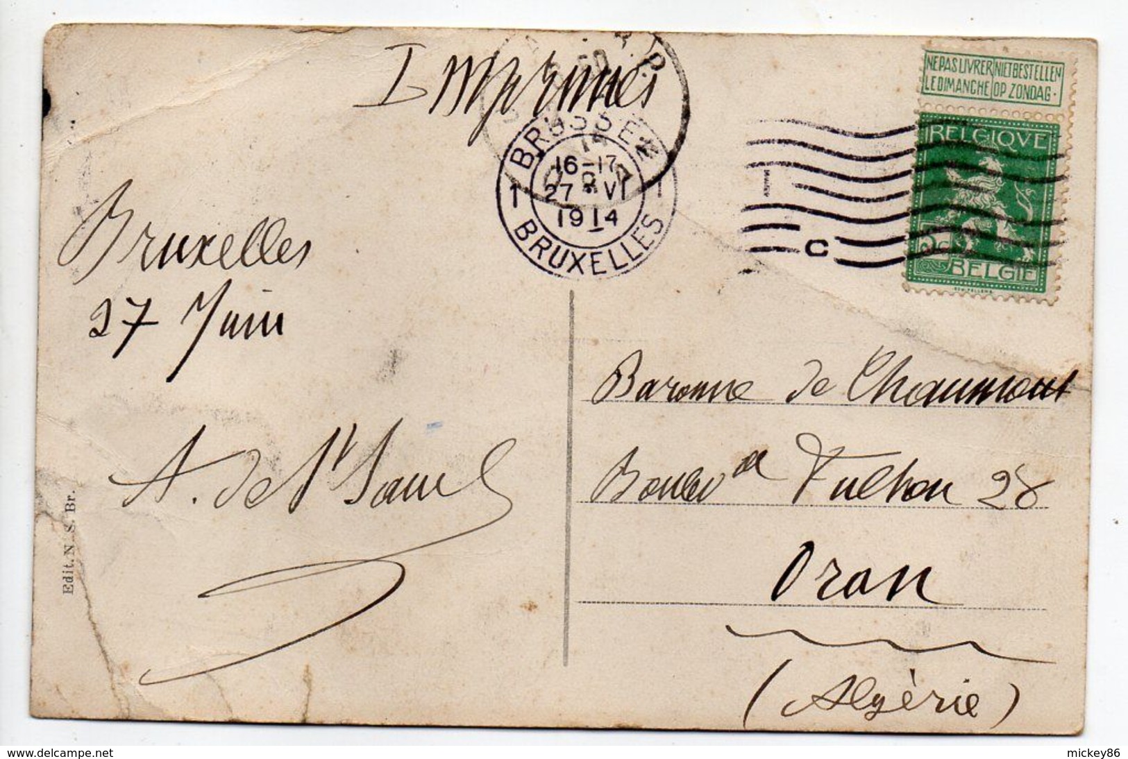 Belgique--1914--carte Postale De BRUXELLES Pour ORAN (Algérie)....timbre....cachet....mention IMPRIMES - 1914-1915 Red Cross